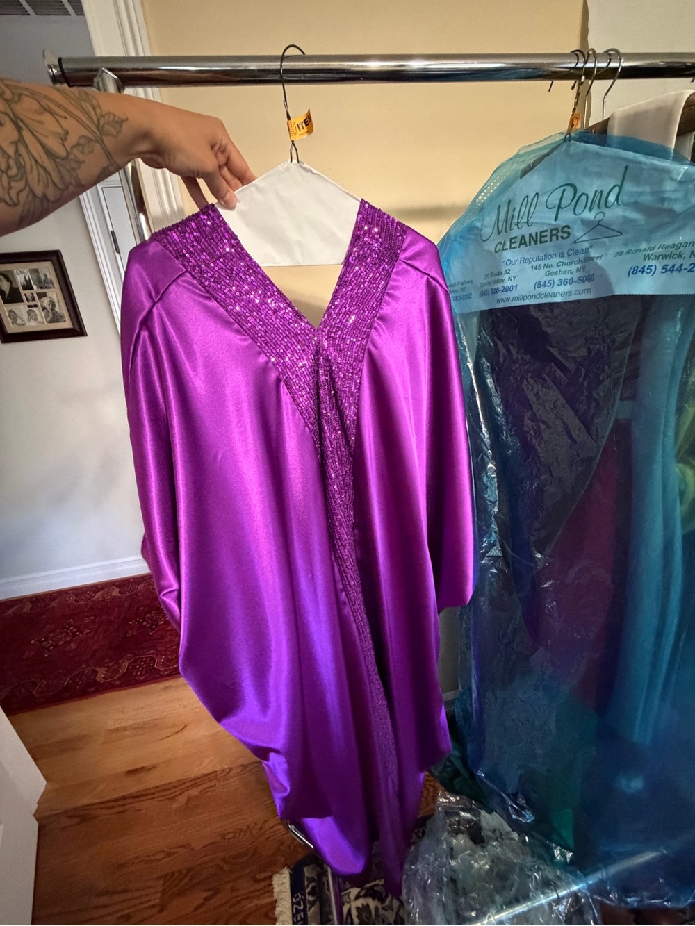 Women's Satin kaftan with Sequin Trim - Purple